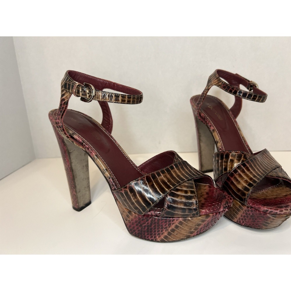 SERGIO ROSSI Snake Skin Strappy Ankle Platform Sandals Purple Size 37.5 7.5